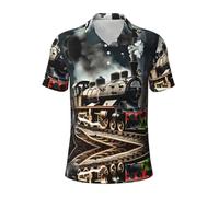 KLJnmbb Polo da uomo a maniche corte con stampa treno locomotiva a vapore, alla moda, casual, per gite e regali per la festa del papà, Nero , XXL