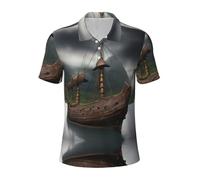 KLJnmbb Polo da uomo traspirante con stampa di barche Vikings, a maniche corte, casual, per gite e regali per la festa del papà, Nero , XXL