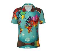 KLJnmbb Polo da uomo traspirante con stampa mappa del mondo, alla moda, a maniche corte, casual, per gite e regali per la festa del papà, Nero , 3XL