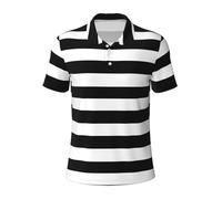 KLJnmbb Polo traspirante a righe nere con stampa bianca e nera, da uomo, alla moda, a maniche corte, casual, per gite e regali per la festa del papà, Nero , 3XL