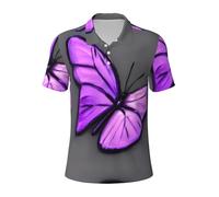 KLJnmbb Polo traspirante con stampa di farfalle viola da uomo, alla moda, a maniche corte, casual, per gite e regali per la festa del papà, Nero , XL