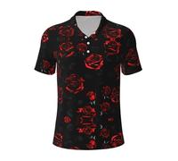 KLJnmbb Polo traspirante con stampa di rose rosse e nere da uomo, alla moda, a maniche corte, casual, per gite e regali per la festa del papà, Nero , 3XL