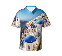 KLJnmbb Santorini - Camicia hawaiana con stampa di isola greca e vista mare, morbida, da uomo, a maniche corte, con bottoni, per vacanze al mare, Nero , L