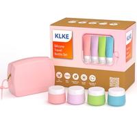 KLKE Set di 23 bottiglie da viaggio, approvate TSA, a prova di perdite, in silicone alimentare senza BPA, piatte, facili da spremere, con icone tattili, barattoli per crema, pompa e spray, sacchetto