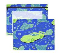 KLL Adorabile astuccio a 3 anelli per lettere formato A4, confezione da 2 pezzi, per insegnanti, articoli scolastici, animali marini, stella marina, auto, chartreuse, blu