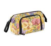 KLL Astucci per matite di grande capacità, astuccio leggero con cerniera, per infermieri, forniture scolastiche, fiori primaverili, orchidea viola del pensiero, giallo Oberonia