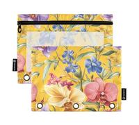 KLL Astuccio a 3 fori con 3 fori per raccoglitore, 3 anelli, con 3 fori, per ufficio, ufficio, organizer per documenti, Fiori Orchidea Viola Del Pensiero Oberonia Giallo, 1 sizex2