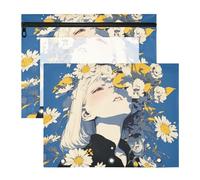 KLL Astuccio con 3 occhielli rinforzati, cartella in plastica per raccoglitori a 3 anelli, confezione da 2 pezzi, per insegnanti, casa, anime, ragazze, margherite bianche