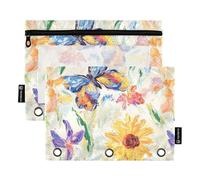KLL Astuccio con fiori e girasole, iris, farfalle, bianco, con 3 fori, per raccoglitore, impermeabile, per bambini, casa, viaggio, biglietti