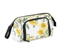 KLL Astuccio di grande capacità, organizer con scomparti e portapenne, per adulti, materiale scolastico, fiori primaverili, narcisi, geranio, grigio