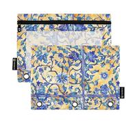 KLL Astuccio in plastica con motivo floreale, stile bohémien, con tre anelli, tasche con cerniera, per scuola, casa, viaggi, biglietti