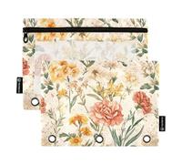 KLL Astuccio in plastica per 3 anelli, con 3 fori, per scuola, casa, viaggi, biglietti da viaggio, con fiori autunnali, garofano, narciso, colore: oro rosa