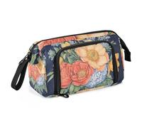 KLL Astuccio organizer di grande capacità con cerniera con scomparto per matite e penne, cosmetici per adolescenti, forniture scolastiche, fiori, peonie, narciso, blu navy