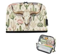 KLL Astuccio organizer per matite di grande capacità, con cerniera, per ragazzi e scuola, must have, western, boho, chic, toro, teschio, cactus, beige