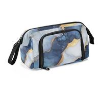 KLL Astuccio per matite di grande capacità, con cerniera e manico, astuccio per adulti per ragazzi High School marmo bianco blu navy