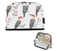 KLL Astuccio per matite di grande capacità, per cosmetici, con cerniera, per uomini, materiale scolastico preppy, colore rosso, picchio dal ventre, uccellini bianchi