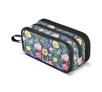 KLL Astuccio per matite di grande capacità, portatile, con supporto per la scuola, per scuola superiore, fiori primaverili, peonie, girasole, iris, blu navy