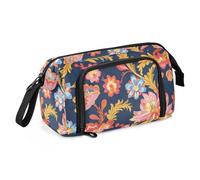 KLL Astuccio per penne e matite con fiori bohémien blu retrò grande capacità astuccio per cosmetici trucco con cerniera per insegnanti forniture per le scuole superiori