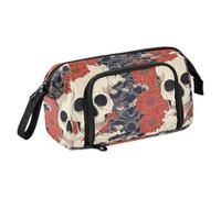 KLL Astuccio portapenne con motivo a teschio e fiore, di grande capacità, portatile, per cosmetici da infermiera