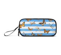 KLL Astuccio portapenne in nylon con farfalle e libellule a righe blu e bianche astuccio per matite di grande capacità per scuola scuola cancelleria per ragazzi delle scuole medie