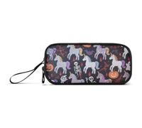 KLL Astuccio portapenne in nylon con unicorni bianchi Happy Halloween, grande capacità, per ragazze adolescenti, cancelleria per ragazze al liceo