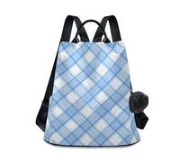 KLL Azure Buffalo Plaid Check Fashion High School Backpack leggero carino zaino per le donne per viaggi, lavoro, tutti i giorni con portachiavi pompon