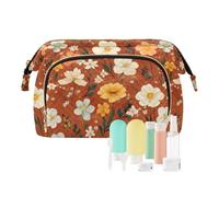 KLL Beauty case in terracotta con fiori autunnali, narciso, anemone, api, cosmetici, cosmetici, portamonete da donna