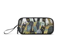 KLL Black Cats Cimitero Riempito con Lapidi Borse di Nylon per Teen Grande Capacità Grande Cerniera Astuccio Cancelleria Borsa per Ufficio Preppy