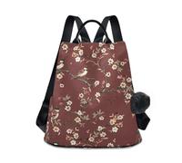 KLL Borgogna Piccoli Fiori E Uccelli Alla Moda Antifurto Zaino Antifurto Borsa per Le Donne per Viaggi, Lavoro, Tutti i Giorni con Portachiavi Pom-Pom