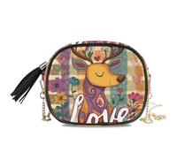 KLL Borsa a tracolla colorata con renna per San Valentino, da donna, comoda, con scomparti per carte di credito, borse laterali per portare a spasso il cane