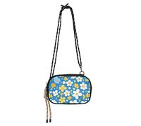 KLL Borsa a tracolla nera da donna con motivo floreale bianco e giallo con sfondo blu, comoda borsa a tracolla in nylon con tracolla regolabile, piccola borsa per telefono a tracolla per fare una