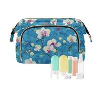 KLL Borsa da viaggio blu con orchidea dei cartoni animati, impermeabile, grande borsa per cosmetici, borsa per il cambiamento per il trucco