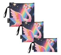 KLL Borsa da viaggio riutilizzabile con fenicotteri arcobaleno e carini cartoni animati, 3 pezzi, borsa da viaggio impermeabile per picnic, lavoro, viaggi, ufficio