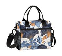 KLL Borsa per il pranzo a tracolla resistente a forma di ventaglio con motivo floreale bianco blu Art Deco borsa per il pranzo con tracolla isolata borsa per il pranzo per gli uomini per college