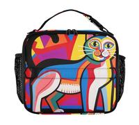 KLL Borsa per il pranzo da donna, impermeabile, con tracolla e portabottiglie, isolante, per lavoro e scuola, linea astratta colorata con gatto