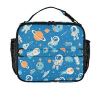 KLL Borsa per il pranzo da donna, resistente all'acqua, borsa per il pranzo scolastica, tracolla rimovibile, borsa isolata per scuola/picnic cartone animato blu spazio pianeta astronauta