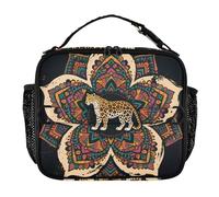 KLL Borsa per il pranzo da donna, resistente all'acqua, per adulti, con tracolla e portabottiglie, riutilizzabile, per lavoro, ufficio, bohémien, mandala, fiori, leopardo, colorato