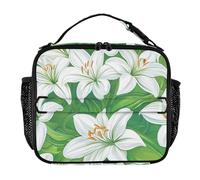 KLL Borsa per il pranzo da uomo con doppia cerniera, per adulti, tracolla regolabile, borsa termica per lavoro e scuola, con foglie bianche e giglio verde