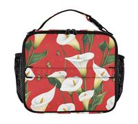 KLL Borsa per il pranzo da uomo, impermeabile, per scuola, con tracolla e portabottiglie, isolata, per picnic, escursionismo, campeggio, motivo cartone animato, calle, fiori rossi