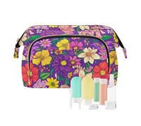 KLL Borsa per il trucco viola con peonie floreali in stile cartone animato e garofano, impermeabile, grande borsa cosmetica per pennelli da trucco