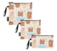 KLL Borsa porta snack con cerniera riutilizzabile, 3 pezzi, con simpatico orsetto, marrone, per picnic, lavoro, viaggi, ufficio
