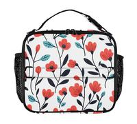 KLL Borsa portapranzo per ragazzi e uomini, a prova di perdite, portatile, con tracolla regolabile, riutilizzabile, per scuola, lavoro, attività all'aperto, fiori rossi e foglie nere, stile retrò