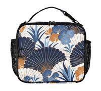 KLL Borsa termica per il pranzo, a prova di perdite, con manico, isolata, per scuola e viaggi, motivo floreale a forma di ventaglio, bianco e blu, stile Art Deco
