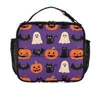KLL Borsa termica per il pranzo a tenuta stagna, da donna, tracolla e portabottiglie, grande capacità, per scuola, università, arancione, Halloween, zucca, gatto nero