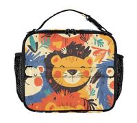 KLL Borsa termica per il pranzo, con doppia cerniera, da uomo, tracolla e portabottiglie, borsa termica per spiaggia, viaggi, cartone animato, leone felice