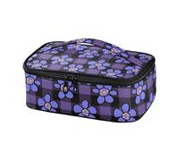 KLL Borsa termica per il pranzo con motivo a scacchi e fiori blu, con manico per ombre, colore: nero e viola