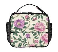 KLL Borsa termica per il pranzo da uomo, tasche con cerniera, borsa termica per il pranzo, tracolla rimovibile, borsa termica per lavoro, ufficio, vintage fiori rosa foglie verdi stile William Morris