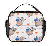 KLL Borsa termica per il pranzo, leggera, espandibile, con tracolla e portabottiglie, riutilizzabile, per scuola, lavoro, attività all'aperto, ippopotamo divertente, animali volanti, cuore bianco