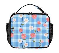 KLL Borsa termica per il pranzo per adulti, doppia cerniera, da uomo, tracolla e portabottiglie, per scuola, lavoro, attività all'aperto, colore azzurro a scacchi rosa, piccolo fiore