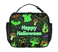 KLL Borsa termica termica per il pranzo da uomo, doppia cerniera, tracolla e portabottiglie, riutilizzabile, per scuola, lavoro, attività all'aperto, Halloween, stampa leopardata, zucca verde